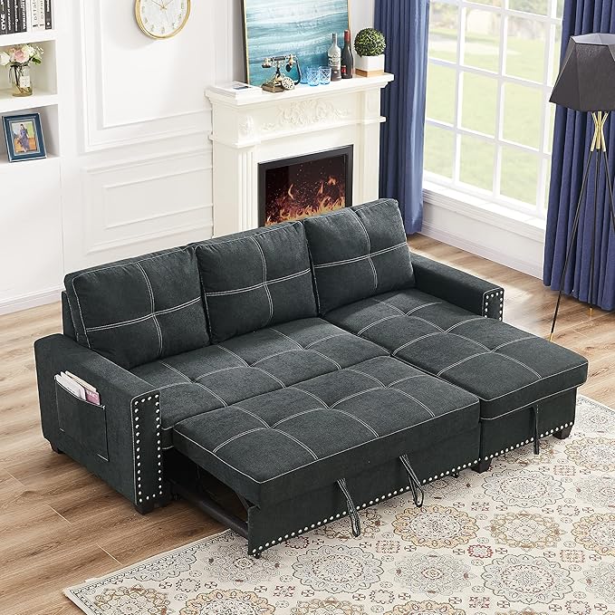 Ucloveria Reversible Sectional Sofa Couch Sleeper Sofa Bed with Storage Chaise Pull Out Couch Bed for Living Room L-Shape Lounge 2 in 1 Sectional Couch with Pull Out Bed Black