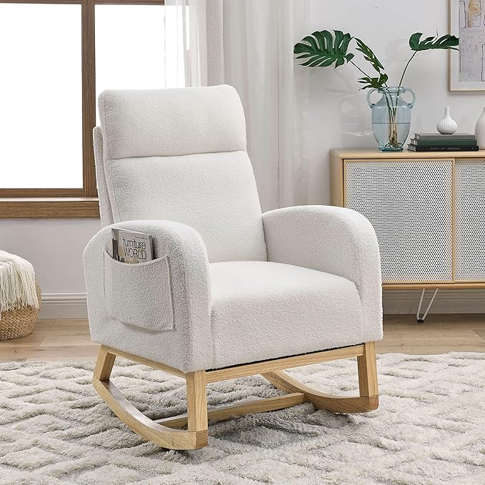 Welike Teddy Fleece Rocking Chair with Pockets 300 Lbs Capacity Modern Accent Living Room Lounge Armchair