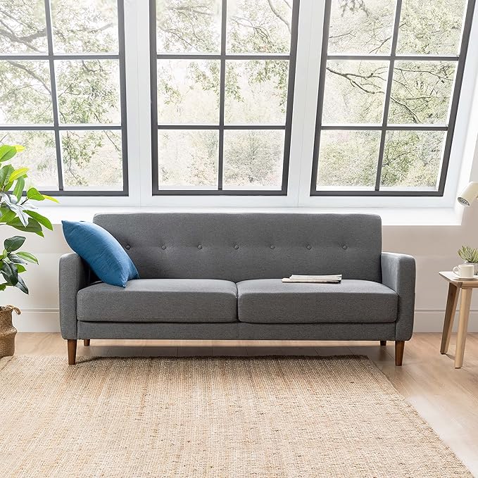 Mellow Adair Mid-Century Modern Sofa Couch with Armrest Pockets Tufted Linen Fabric Dark Heather Grey