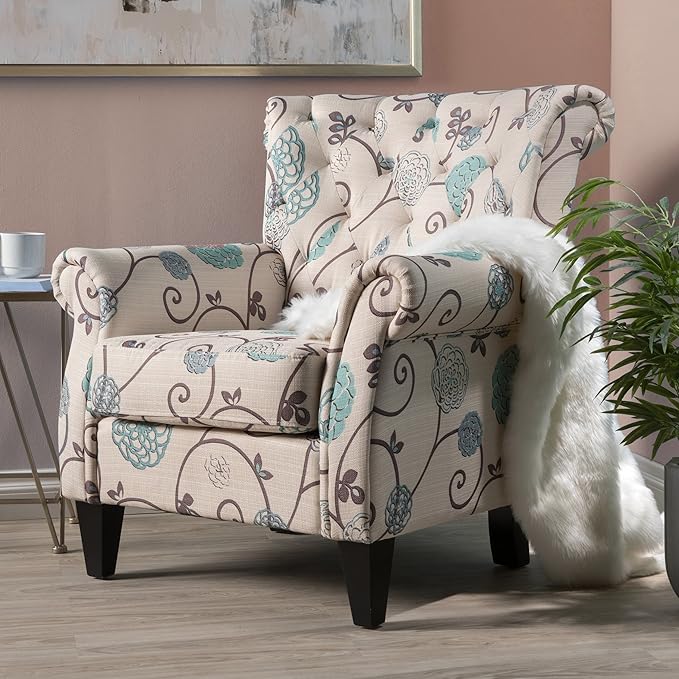 Accent Chairs with Arms for Living Room Bedroom Tufted Club Chair Deco Teal Floral Upholstery