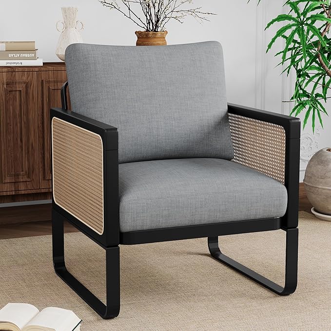 WENTMENT Modern Accent Chair Sofa Chair with Natural Rattan Armrest and Removable Backrest Upholstered Living Room Chair Comfy Lounge Chair for Reception Room/Hosting Room/Bedroom (Grey)