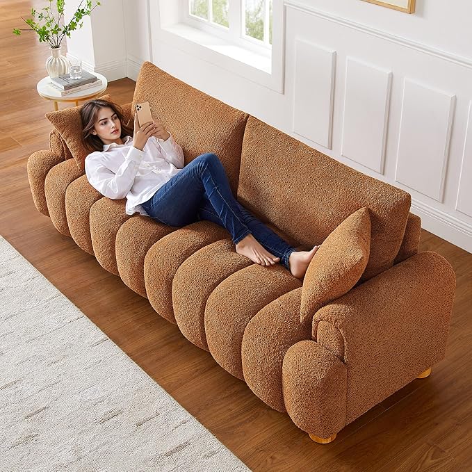 VANOMi Boucle Sofa Couch 91 Comfy Tufted Upholstered Cloud Couches Modern 3 Seater Sofa with Pillows Oversized Deep Seat Sherpa Couch for Living Room Bedroom Apartment (Curry)
