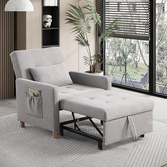 Sleeper Chair Convertible to Bed with Adjustable Backrest Pull Out Sofa Linen Fabric Side Pocket for Bedroom Living Room Apartment
