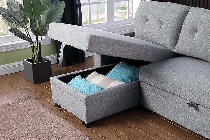 ERYE 82-inch Pull Out Sleeper Couch Bed L-Shaped Reversible Sleeper Sectional Sofa Linen Blend Tufted Upholstered Corner Convertible Sofa Bed with Storage Chaise