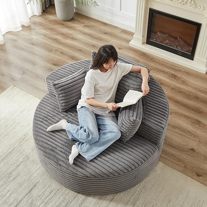 55 Grey Oversized Round Boneless Couch Sofa Corduroy Memory Foam Cloud Couches Lounge Chair Comfy Fluffy Single Sofa with 3 Pillows for Living Room Bedroom No Assembly Required (Grey)