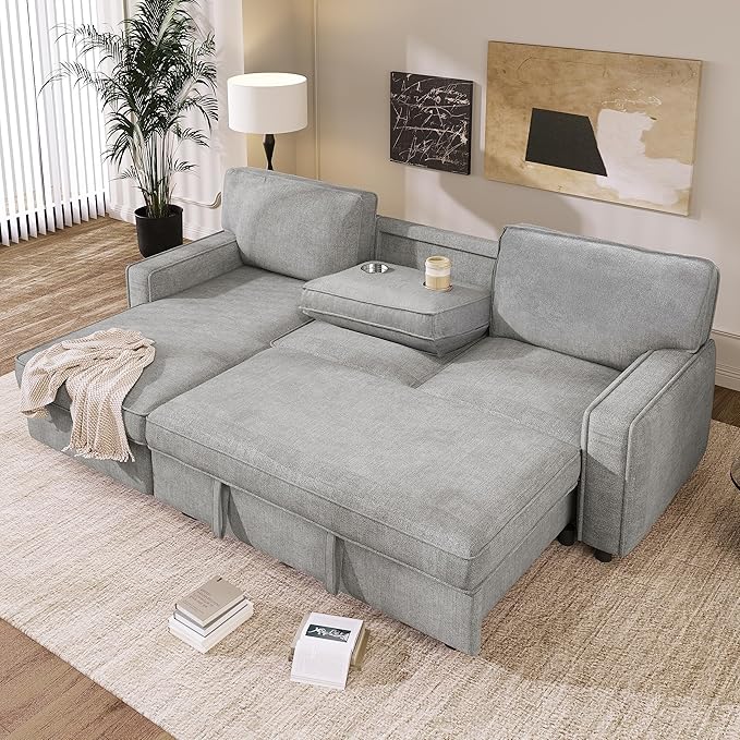 L-Shaped Convertible Sectional Sofa with Storage Space Upholstery Sleeper Sectional Sofa with USB Port and 2 Cup Holders on Back Cushions 3-Seat Sofa Furniture for Living Room Office (Grey-89'W)