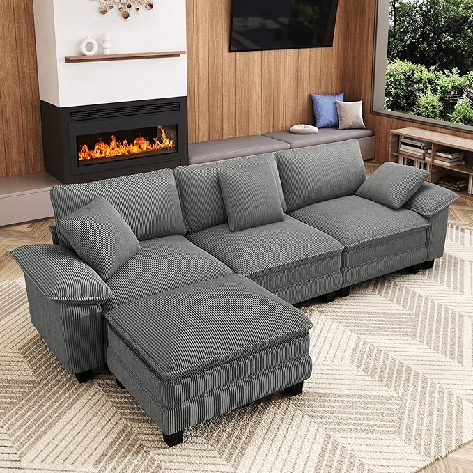 123-Inch L Shaped Sectional Sofa with Cloud Cushions Deep Seat Modular Couch Set w/ 4 Seats &amp 1 Ottomans Removable Arms Plush Corduroy Upholstery for Living Room Apartment - Gray