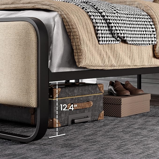 SHA CERLIN Queen Size Platform Metal Bed Frame with Curved Upholstered Headboard and Footboard Large Under Bed Storage No Box Spring Needed Modern Beige
