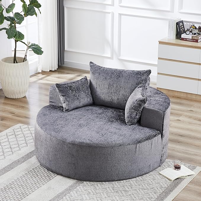 55.5 Oversized Round Chaise Lounge Upholstered Corduroy Cuddle Chair for Adults Single Circle Lounge Chair with Deep Seat for Living Room Bedroom No Assembly Needed Dark Grey