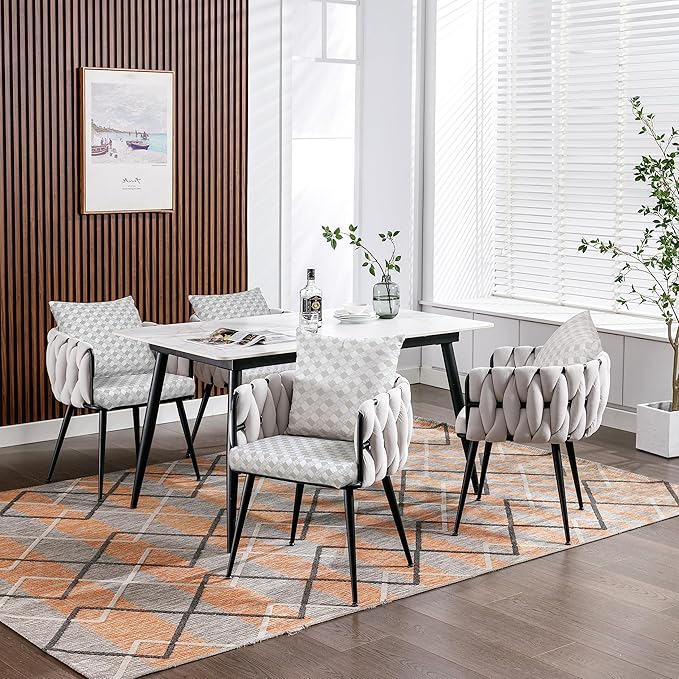 Beige Modern Velvet Dining Chairs Set of 2 Hand Weaving Accent Chairs Living Room Chairs Upholstered Side Chair with Black Metal Legs for Dining Room Kitchen Vanity Living Room