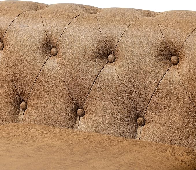 Air Leather Tufted Loveseat Couch Rolled Arm 2-Seater Sofa with Nailhead Trim and 2 Neck Roll Pillows Living Room Small Apartment Office Décor Brown