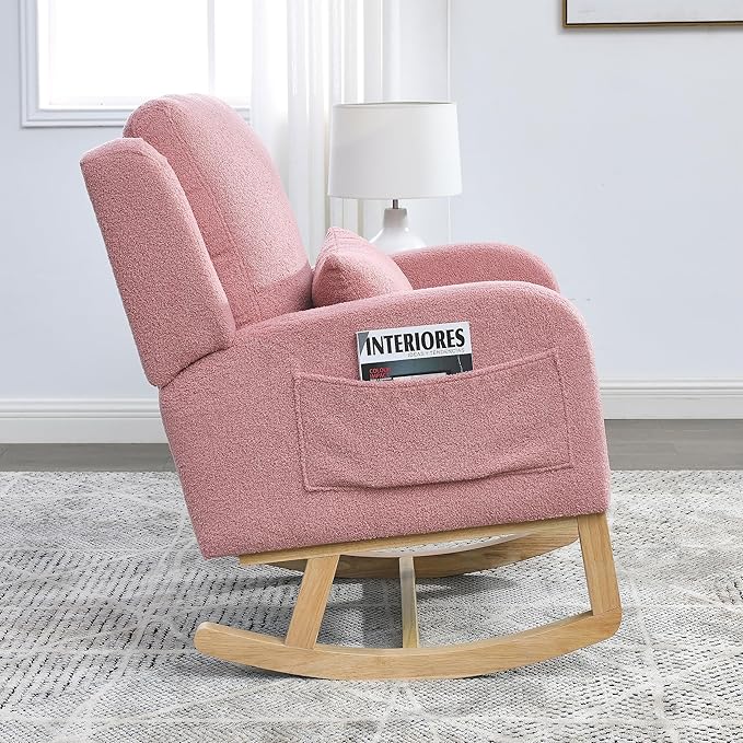 YAFF 27.5 W Modern Accent High Back Living Room Casual Armchair Rocker with One Lumbar Pillow Two Side PocketsTeddy-642