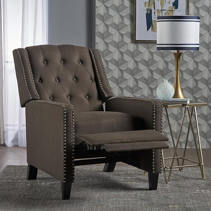 Pushback Recliner Comfortable Wingback Sofa Chair with Adjustable Backrest Tufted Fabric Upholstered Armchair Retro Rivets Decorated Recliner for Living Room Bedroom Office Home Theater Coffee