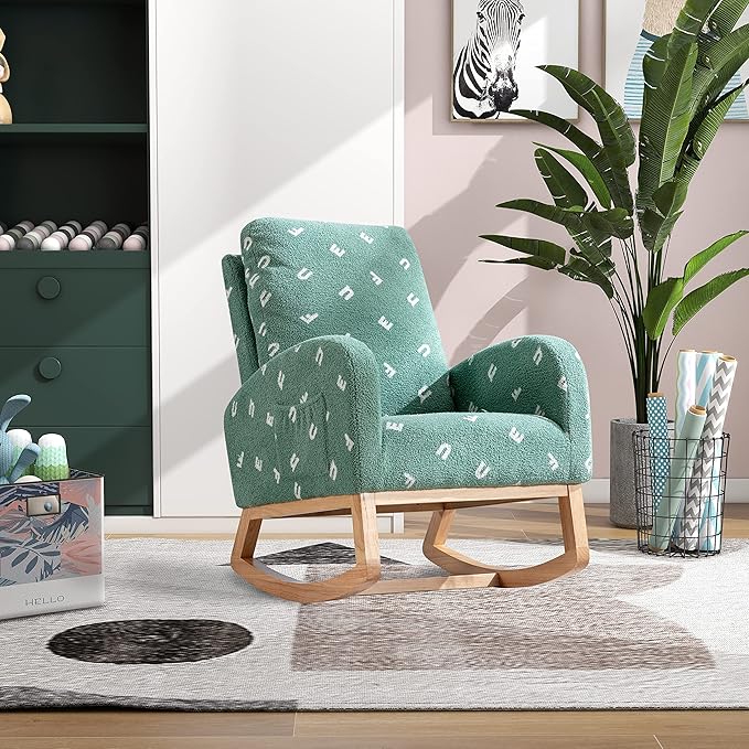 Green Rocking Chair for Nursery &amp Living Room Comfortable Rocker Armchair with Side Pockets Modern MidCentury Accent Chair 300 Lb Capacity