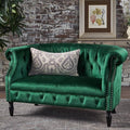 GDFStudio Melaina Tufted Chesterfield Velvet Loveseat with Scrolled Arms Emerald and Dark Brown.