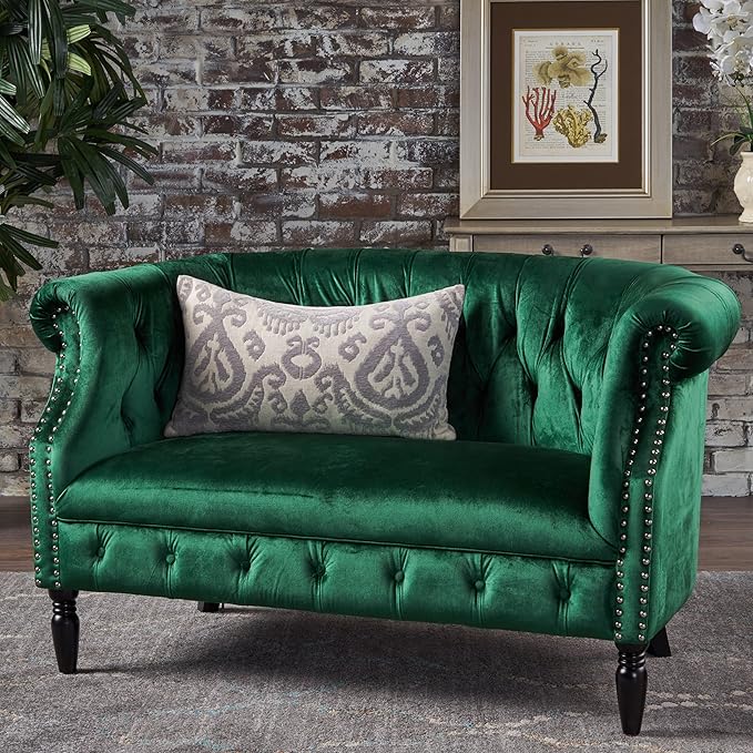GDFStudio Melaina Tufted Chesterfield Velvet Loveseat with Scrolled Arms Emerald and Dark Brown.