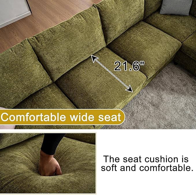 124.4 U Shaped Sectional Couches with Storage Ottoman 6 Seater Chenille Upholstered Modular Sectional Sofa Cloud Couch Sectional Sectional Couches for Living Room Bedroom &amp Apartment (Green)