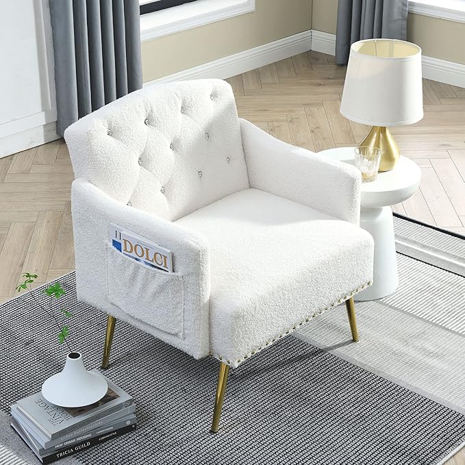 30 W Modern Chesterfield Tufted Upholstered Chair with Deep Buttons Living Room Chair Comfortable Armchair Gold Hardware Legs Tufted Chair for Reading or Relaxing White Teddy