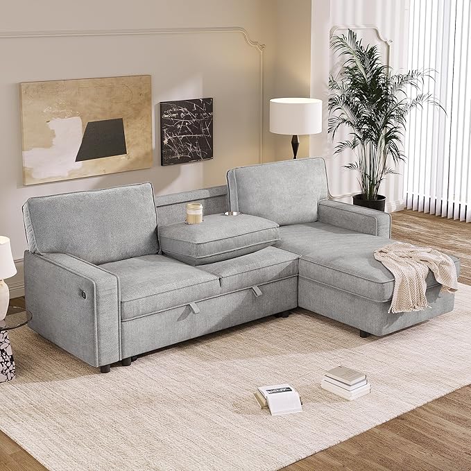 L-Shaped Convertible Sectional Sofa with Storage Space Upholstery Sleeper Sectional Sofa with USB Port and 2 Cup Holders on Back Cushions 3-Seat Sofa Furniture for Living Room Office (Grey-89'W)