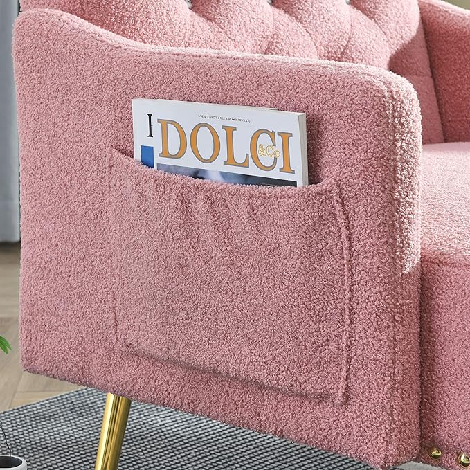 30 W Modern Chesterfield Tufted Upholstered Chair with Deep Buttons Living Room Chair Comfortable Armchair Gold Hardware Legs Tufted Chair for Reading or Relaxing Pink Teddy