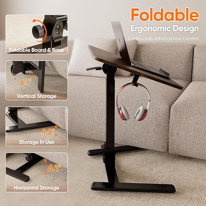 Monomi Mobile Folding Desk 25.6 Inch Small Sit-Stand Height Adjustable Rolling Laptop Desk Space-Saving Portable Desk with Wheels for Home Office Craft &amp Study Brown