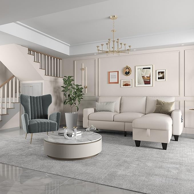 ZeeFu Couch for Living Room - 78'' Beige Linen 3 Seat L-Shaped Sectional Sofa Couches with Storage Ottoman - Modern Small Space Upholstered Furniture Sofa Set for Office Small Space Apartment