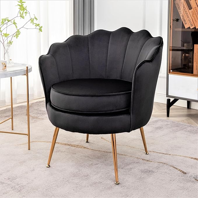 Velvet Barrel Accent Chair with Scalloped Silhouette and Gold Metal Legs Decorative Piece Suitable for Traditional Modern and Contemporary Spaces Black