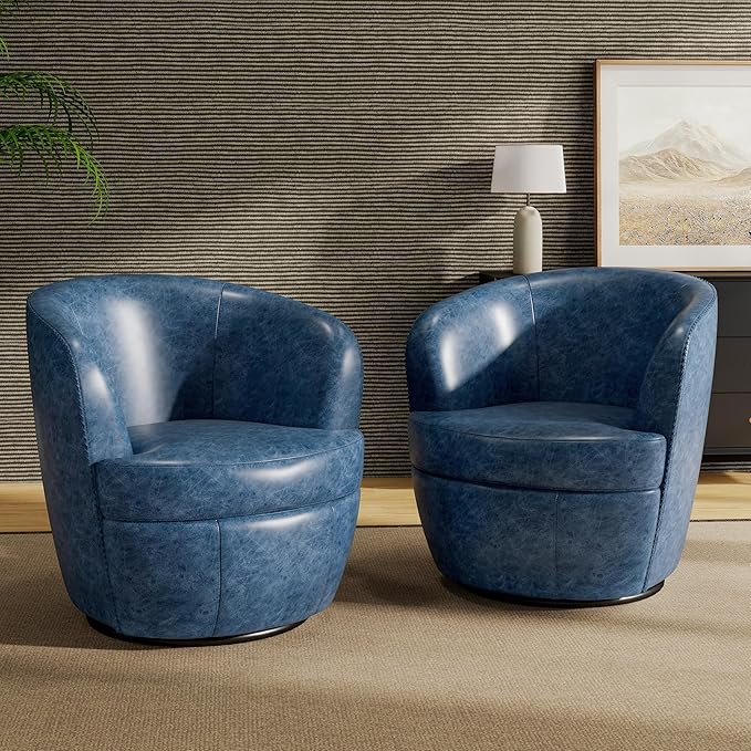Swivel Barrel Chair Modern Round PU Leather Accent Armchair for Living Room Bedroom Comfy Club Reading Chairs for Adults (Leather Navy Blue Set of 2)