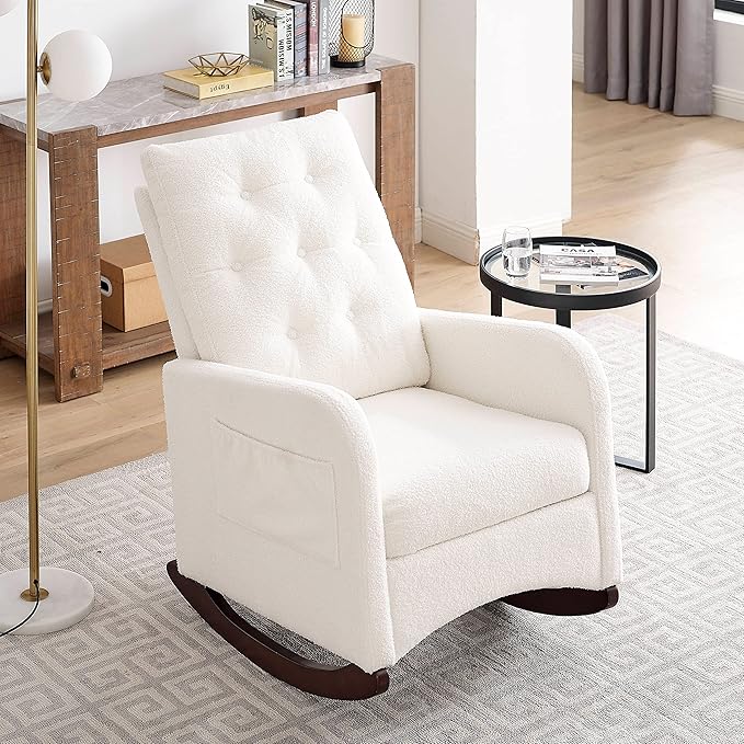 25.6 W Modern Accent High Backrest Living Room Lounge Arm Rocking Chair Two Side Pocket