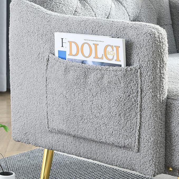 30 W Modern Chesterfield Tufted Upholstered Chair with Deep Buttons Living Room Chair Comfortable Armchair Gold Hardware Legs Tufted Chair for Reading or Relaxing Grey Teddy
