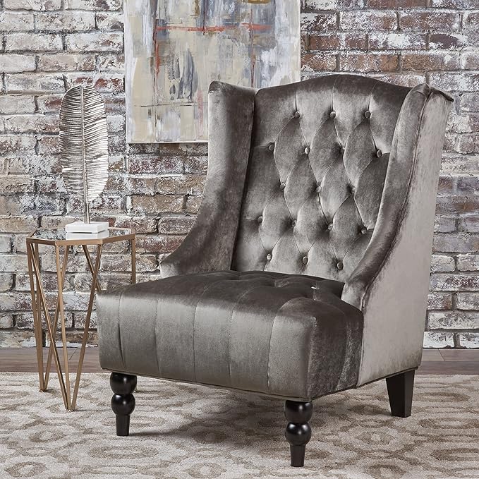 Modern Wingback Accent Chair Tufted Velvet Couch Sofas with High Back Thick Padded Cushioned Seats for Living Room Victorian Style Grey