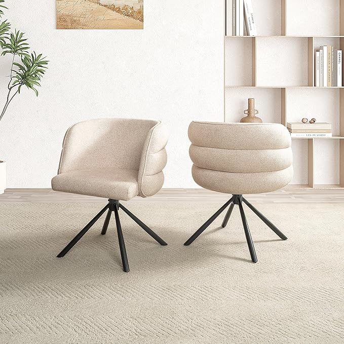 KEIKI 270° Swivel Home Office Desk Chairs Set of 2Modern Dining Chairs Upholstered Bedroom Chairs with Metal BaseMakeup Chair for Vanity Living Room Bedroom Beige