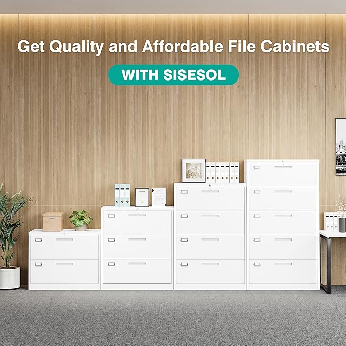 SISESOL 3 Drawer Lateral File Cabinet with LockWhite Lateral Filing CabinetHorizontal Metal Filing CabinetLocked Wide Three Drawer File Cabinet for Office HomeFit A4/F4/Letter/Legal File