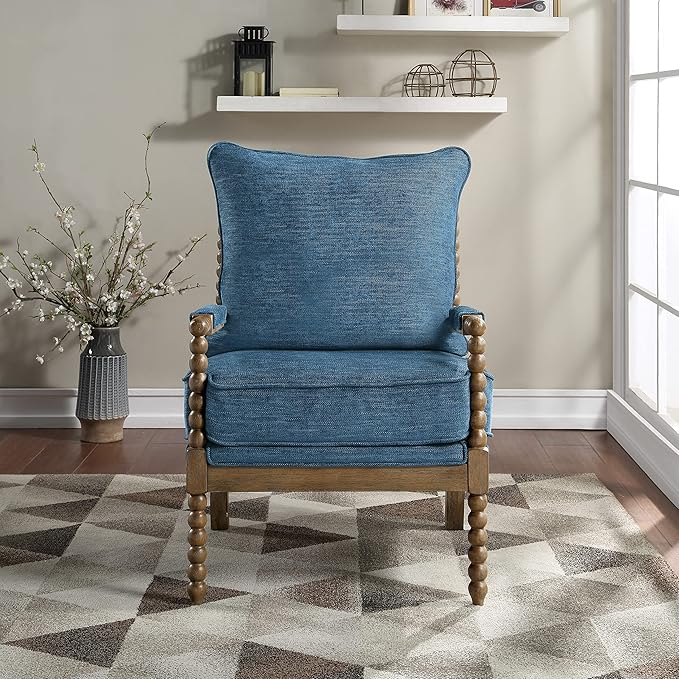 OSP Home Furnishings Fletcher Spindle Accent Chair with Rustic Brown Finish Navy Blue Upholstery