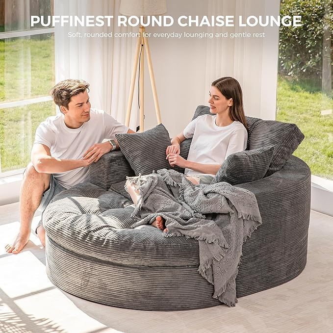 MAXYOYO Modular Sectional Chaise Lounge Sofa Round Upholstered Lounge Chair with Ottoman Comfy Couch with Layered Cushion Tufted Sleeper Chair for Living Room No Assembly Dark Grey