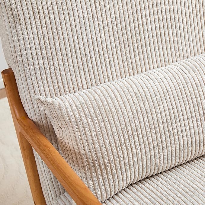 Ball &amp Cast Living Room Chair with PillowMid-Century Modern Armchair w/Solid Wood Frame &amp Extra-Thick BackrestUpholstered Reading Accent Chair for BedroomBeige