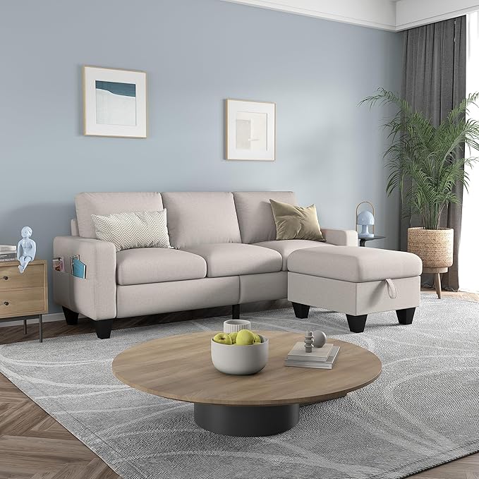 78'' Convertible Sectional Sofa Couch: Beige 3 Seat L-Shaped Sofa Couches with Storage Ottoman and Pockets - Modern Linen Upholstered Sofa Couch Sets for Living Room Office Apartment Small Space