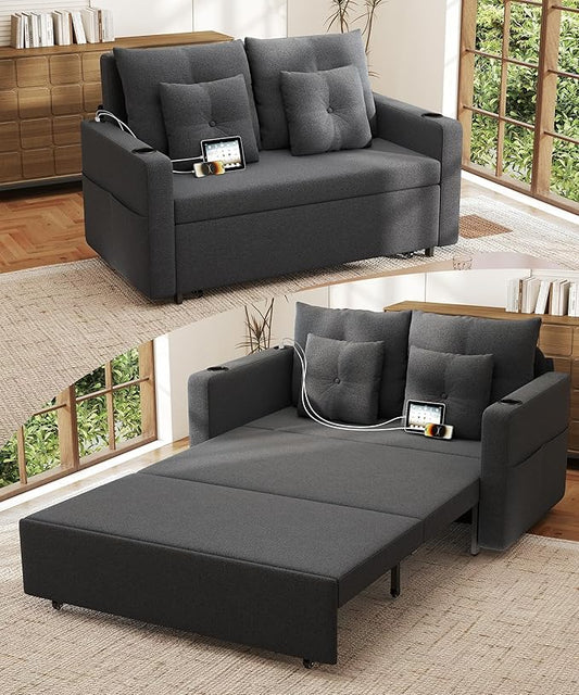 3 in 1 Sofa Bed 56 Inch Convertible Pull Out Couch Loveseat Sleeper Sofa with Cup Holders USB Sofa Couches for Living Room Bedroom Apartment Dark Grey