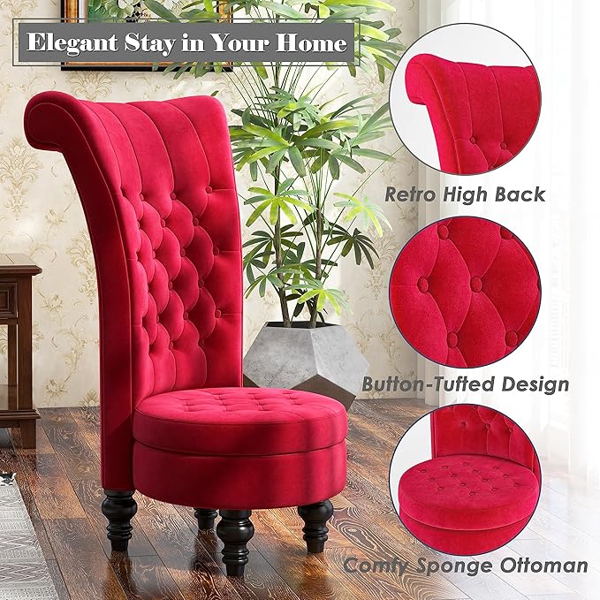 MU Retro High Back Armless Chair Velvet Royal Furniture Chair Upholstered Tufted Accent Seat for Living Room Dressing Room Bedroom Red