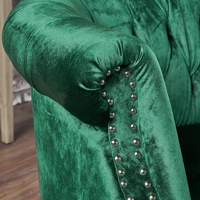 GDFStudio Melaina Tufted Chesterfield Velvet Loveseat with Scrolled Arms Emerald and Dark Brown.
