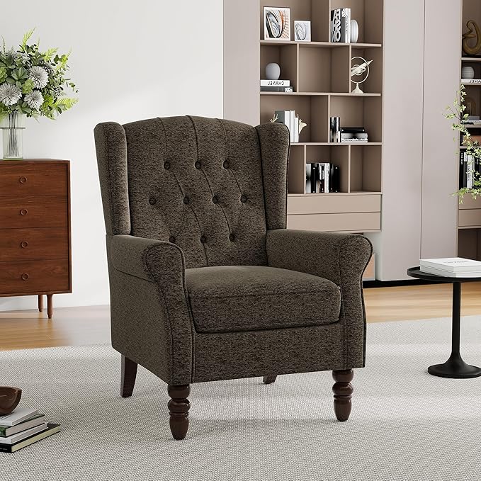 Pia Ricco High Back Floral Accent Chair - Retro Wingback Upholstered Armchair with Nailhead Trim Solid Wood Legs Fabric Living Room Bedroom Reading Chair (Taupe)