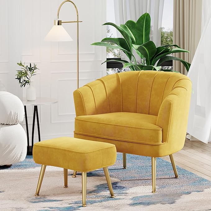 Andeworld Velvet Accent Chair with Ottoman Upholstered Modern Single Sofa Side ChairComfy Barrel Club Living Room Armchair with Golden Metal Legs for Bedroom Living Reading Room Office Yellow