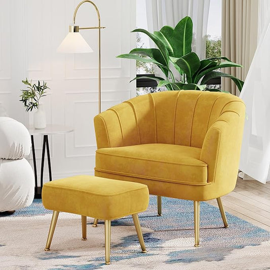Andeworld Velvet Accent Chair with Ottoman Upholstered Modern Single Sofa Side ChairComfy Barrel Club Living Room Armchair with Golden Metal Legs for Bedroom Living Reading Room Office Yellow