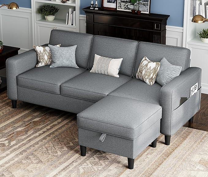 Sectional Sofas Couches for Living Room Convertible L Shaped Couch | Sofa with Ottoman Washable Sofa Covers 78 Small Couch Grey Linen Fabric 3 Seat Storage Couch