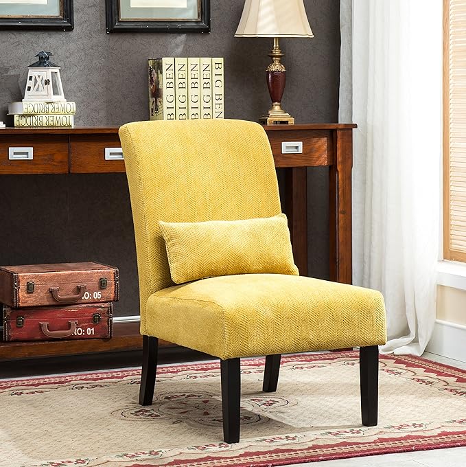 Pisano Contemporary Chenille Accent Chair - Yellow - Armless Deep Seat Comfort Pillow - Modern Bedroom/Living Room Chair