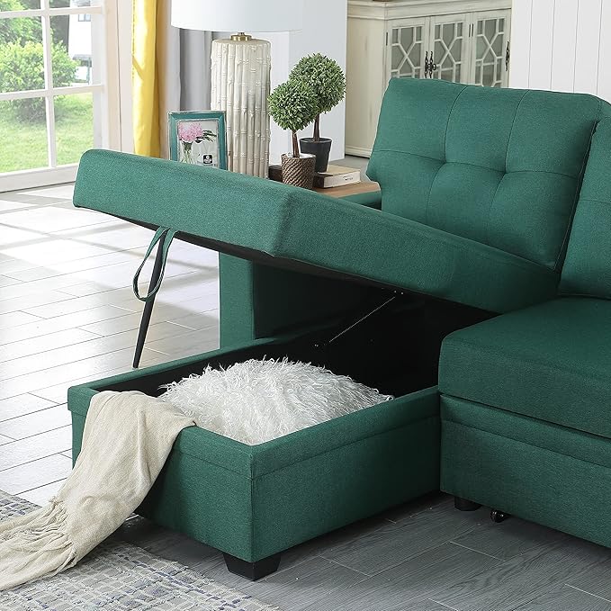 82 Sleeper Couch with Pull Out BedL-Shape Upholstered Sectional Small Sofa W/Storage ChaiseTufted Backrest Design3 Seat Linen Convertible Sofas for Living Room Apartment OfficeGreen