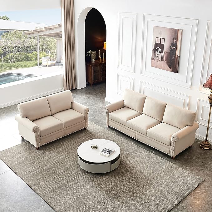 82'' Linen Fabric CouchLiving Room Furniture Sofa Set Rivet Decoration Sectional Sofa Set for Living Room Apply to Office and Home(3 Seater Sofas+Loveseat) Beige