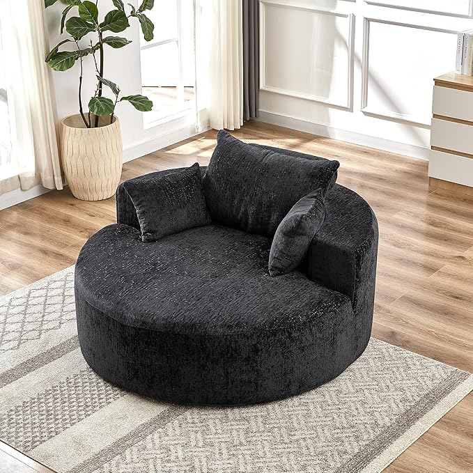 Oversized Round Chaise Lounge Chair Indoor 55'' Chenille Deep Seat Circle Single Floor Sofa Chairs Modern Upholstered Sponge Armchair Cloud Sleeper Chair for Living Room Bedroom Apartment Black