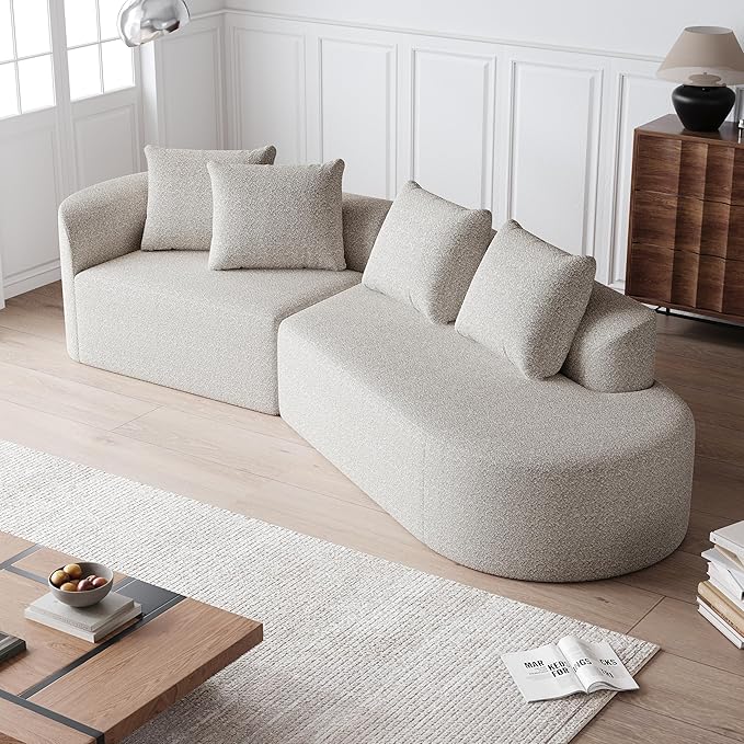 KEIKI 112 inch Curved Sectional Sofa 4 Seater Cloud Couch with 4 Throw Pillows Deep Seat Right-Facing Leisure Lounge Sofa for Living Room Beige