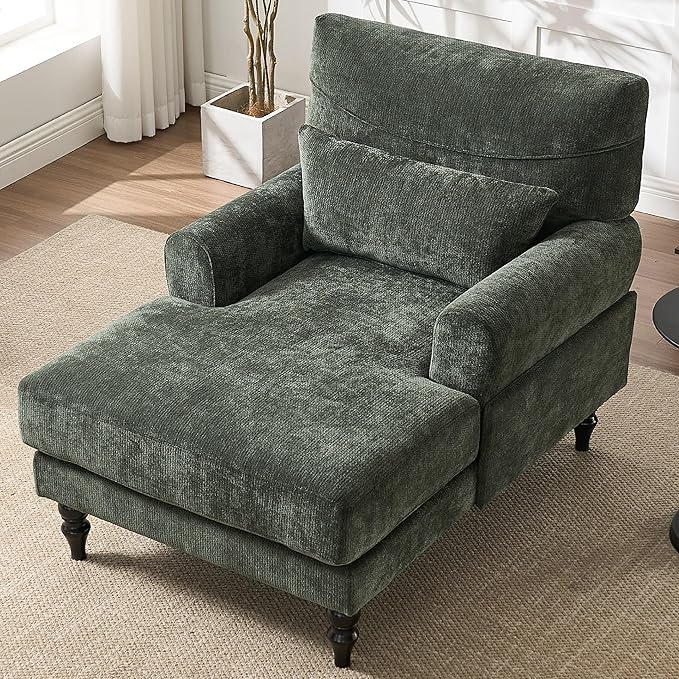 KEIKI Chaise Lounge Chair Indoor Modern Leisure Sleeper Sofa Chair w/Double Deep Cushion Accent Upholstered Reading Side Armchair Recliner Arm Chairs for Living Room &amp Bedroom Easy Assembly G
